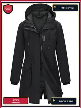 Women's Waterproof Insulated Long Rain Jacket with Hood Ski Coat